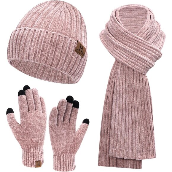 Women Pink Long Scarf Touch Screen Gloves Set Skull Caps Neck Scarves